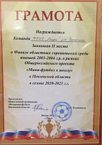 Грамота за 2 место в Финале областных соревнований среди юношей 2003-2004 г.р. в рамках Общероссийского проекта "Мини - футбол в школу" в Пензенской области в сезоне 2020-2021 г.г.